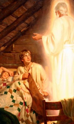 Moroni appears to Joseph Smith. He quotes Malachi's prophecy regarding Elijah's return, but with variations in the wording.
